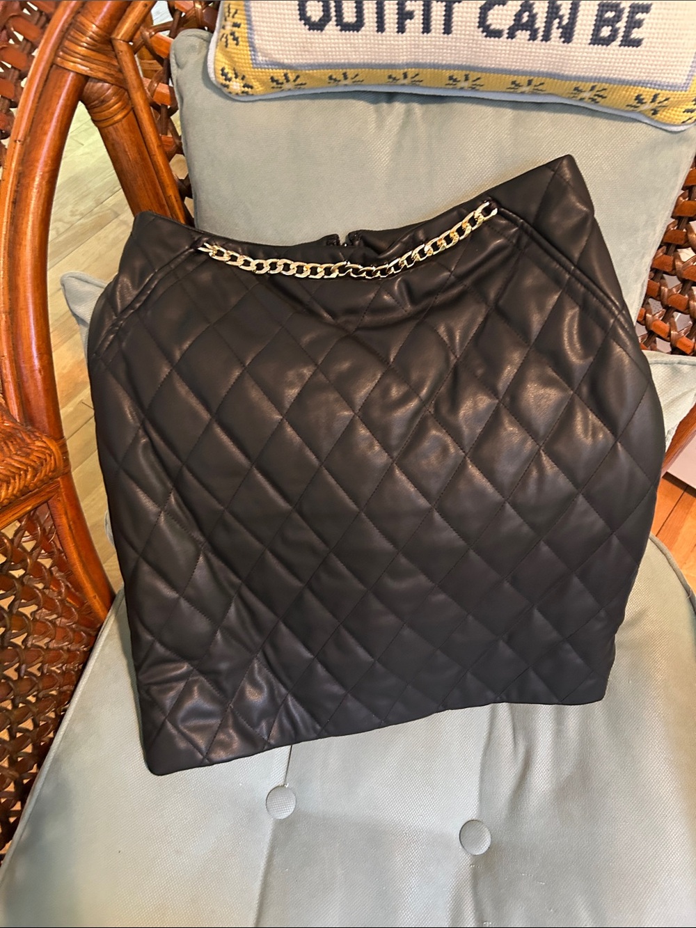 Generation Love Quilted Black Faux-Leather Pencil Skirt with Gold Chain Trim